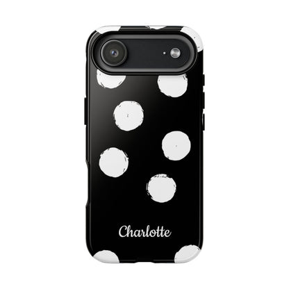 Personalized Black Polka Dot Phone Case – Custom Name Bold Monochrome Aesthetic