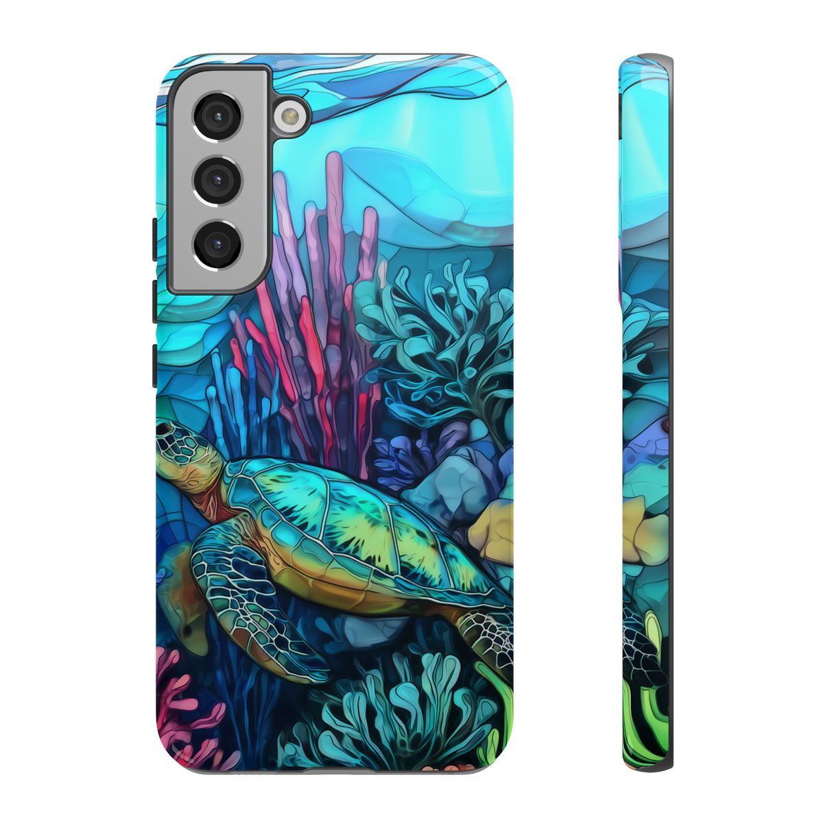 Stained Glass Turtle Phone Case – Coastal Blue Ocean Mosaic Aesthetic