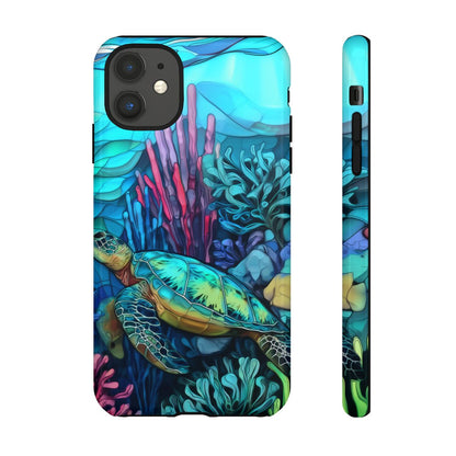 Stained Glass Turtle Phone Case – Coastal Blue Ocean Mosaic Aesthetic