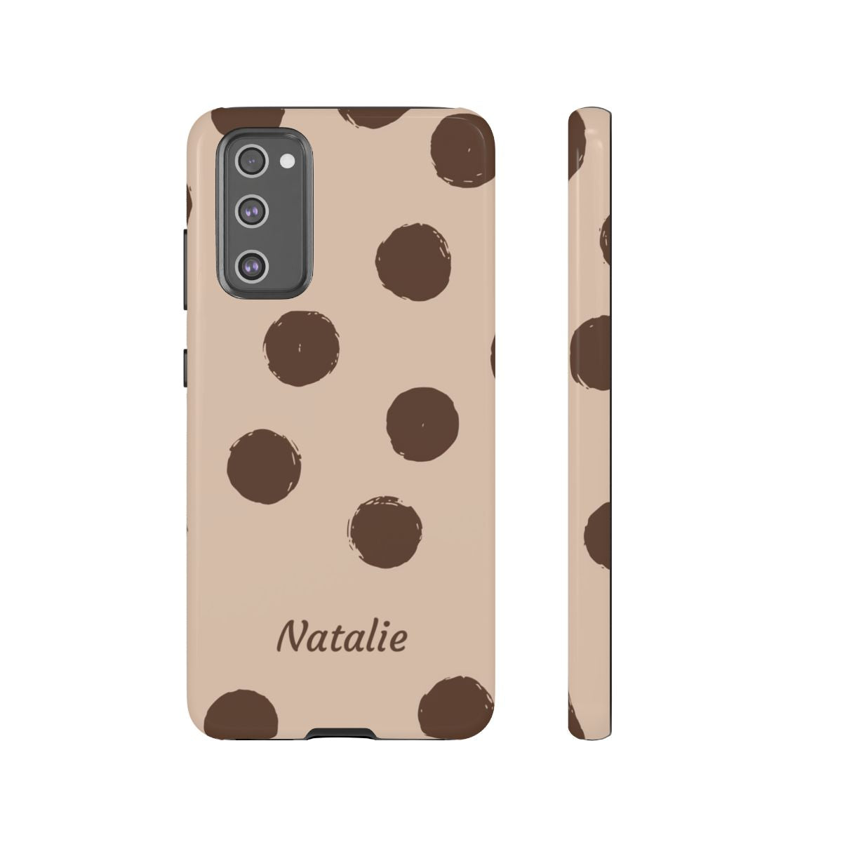 Personalized Brown Polka Dot Phone Case – Custom Name Neutral Boho Aesthetic