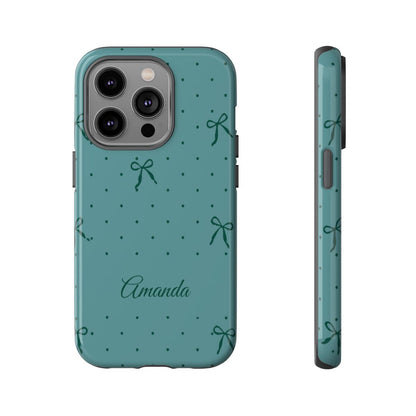 Personalized Teal Bow Phone Case – Custom Name Coquette Polka Dot Aesthetic