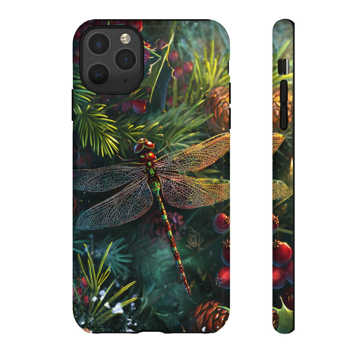 Whimsical nature phone cover with an intricate dragonfly illustration against a dark, magical forest background.