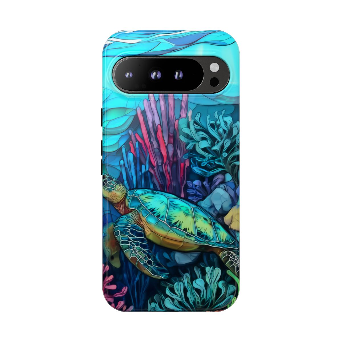 Stained Glass Turtle Phone Case – Coastal Blue Ocean Mosaic Aesthetic