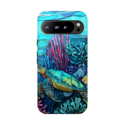 Stained Glass Turtle Phone Case – Coastal Blue Ocean Mosaic Aesthetic