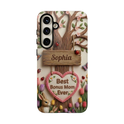Personalized Bonus Mom Phone Case – Custom Name Clay Spring Garden Aesthetic