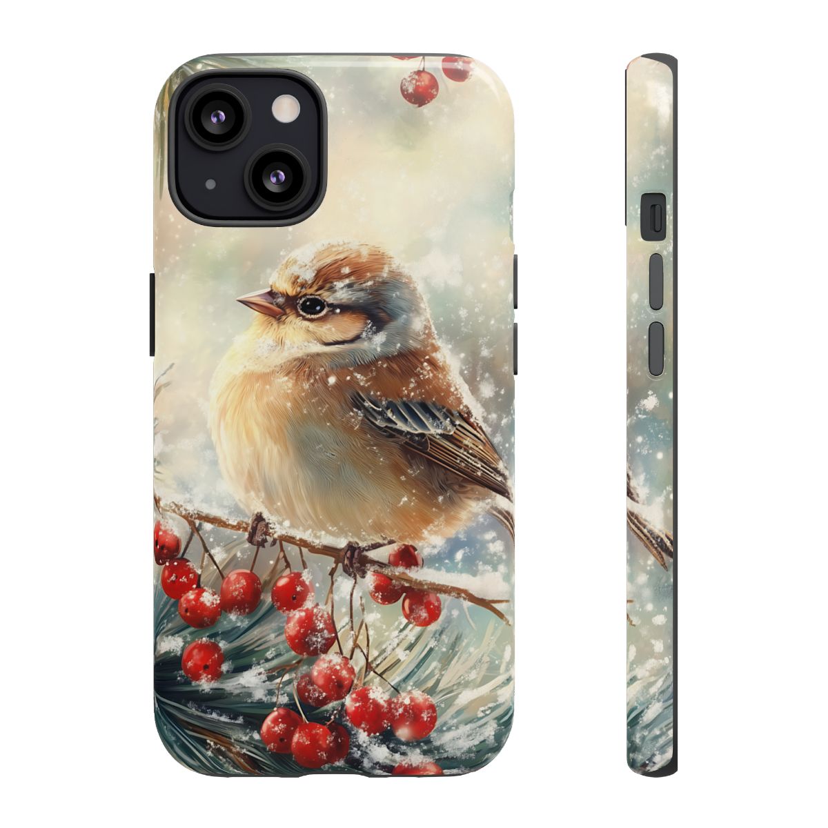 Detailed view of a winter-themed phone case with a small bird and snowy pine needles.