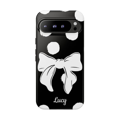 Personalized Black Polka Dot Bow Phone Case – Custom Name Coquette Retro Aesthetic