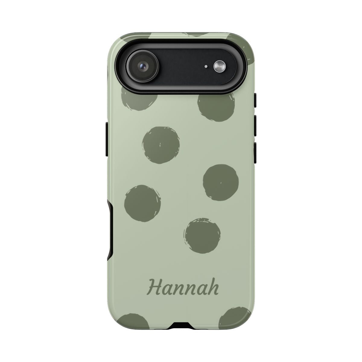 Personalized Sage Green Polka Dot Phone Case – Custom Name Matcha Aesthetic