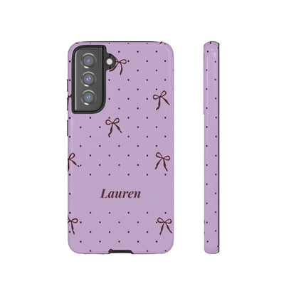 Personalized Lavender Bow Phone Case – Custom Name Polka Dot Coquette Aesthetic