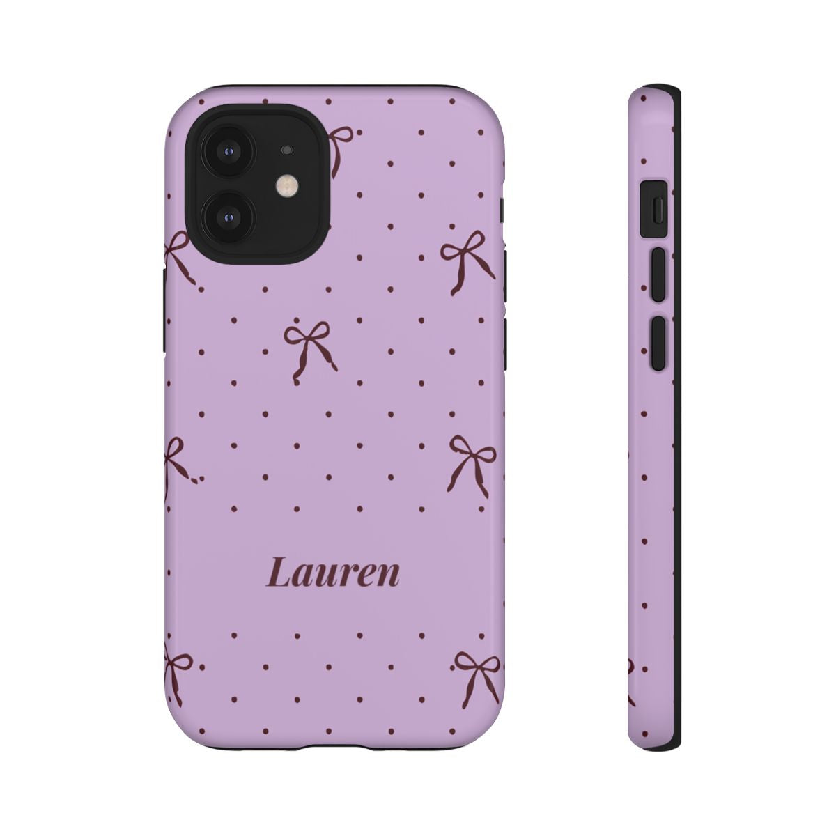 Personalized Lavender Bow Phone Case – Custom Name Polka Dot Coquette Aesthetic