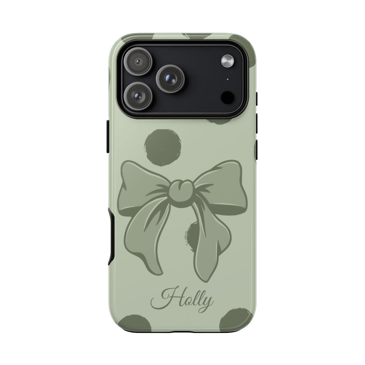 Personalized Sage Green Polka Dot Bow Phone Case – Custom Name Coquette Aesthetic