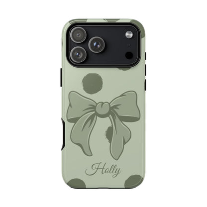 Personalized Sage Green Polka Dot Bow Phone Case – Custom Name Coquette Aesthetic