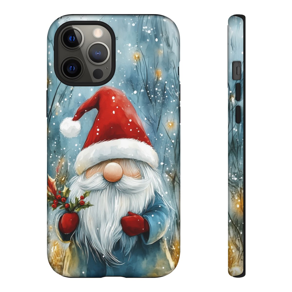 Festive winter holiday phone cover with a watercolor gnome illustration in a snowy forest scene.