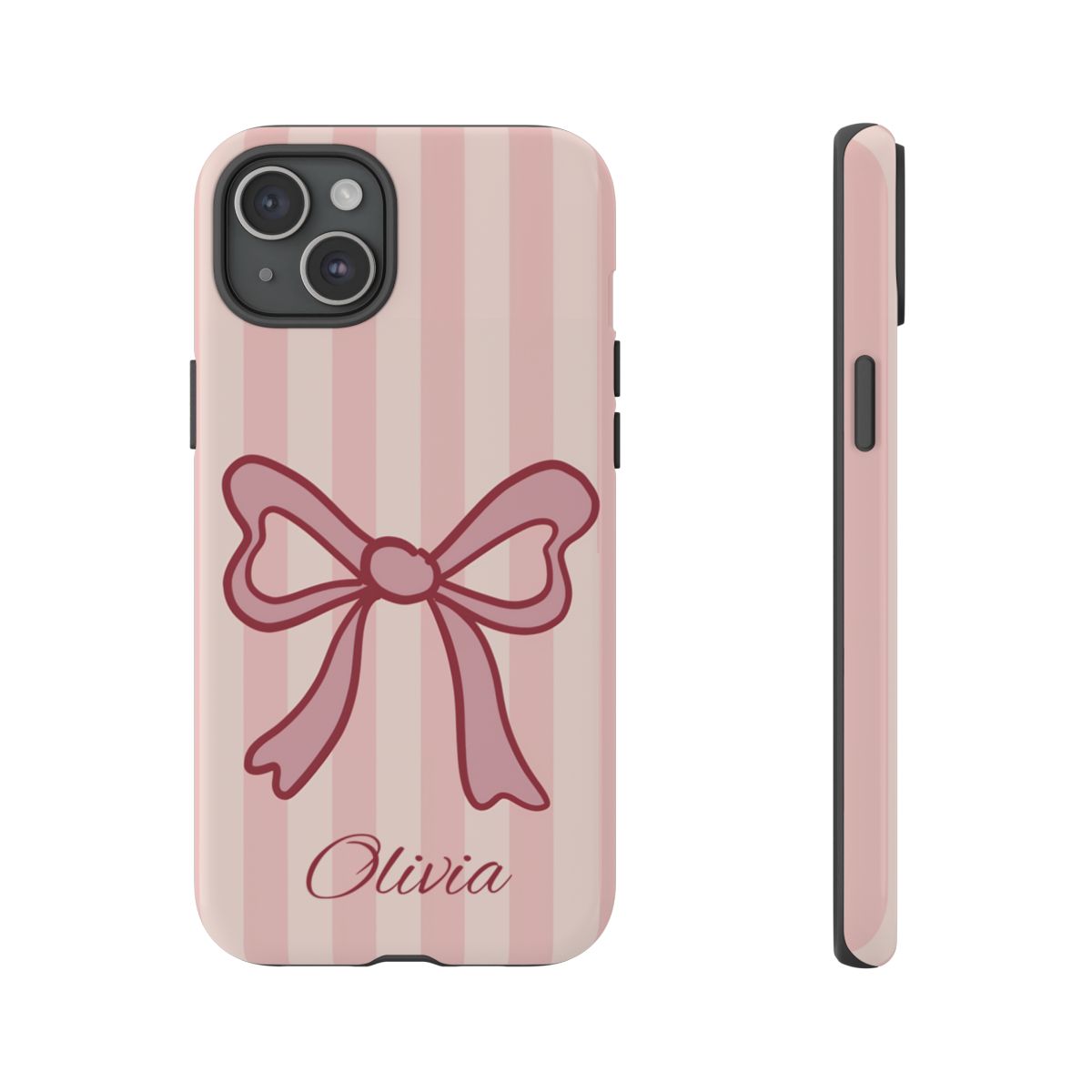 Personalized Pink Bow Phone Case – Soft Pastel Striped Coquette Aesthetic