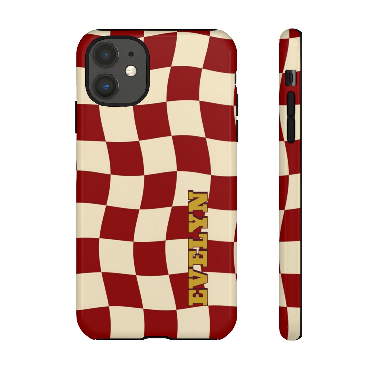 Personalized Burgundy Checkered Phone Case – Custom Name Wavy Retro Aesthetic