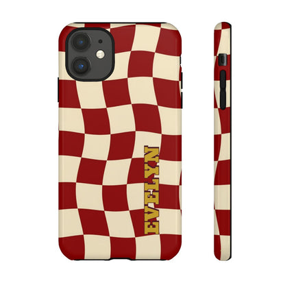 Personalized Burgundy Checkered Phone Case – Custom Name Wavy Retro Aesthetic