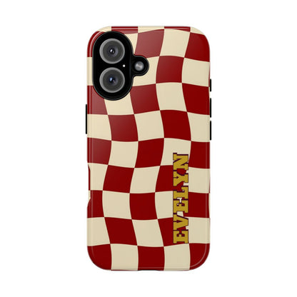 Personalized Burgundy Checkered Phone Case – Custom Name Wavy Retro Aesthetic