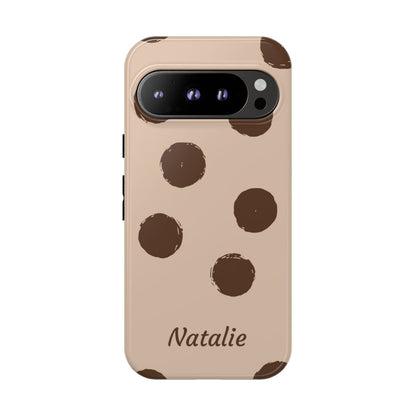 Personalized Brown Polka Dot Phone Case – Custom Name Neutral Boho Aesthetic