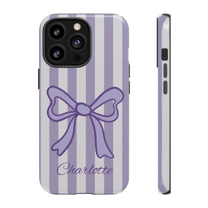 Personalized Lavender Bow Phone Case – Purple Striped Coquette Ribbon Aesthetic