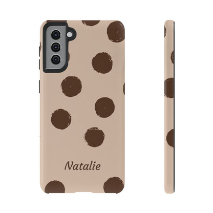 Personalized Brown Polka Dot Phone Case – Custom Name Neutral Boho Aesthetic