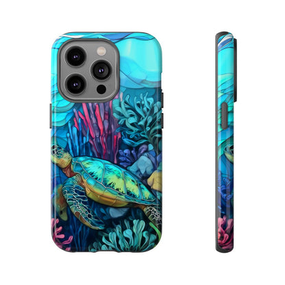 Stained Glass Turtle Phone Case – Coastal Blue Ocean Mosaic Aesthetic