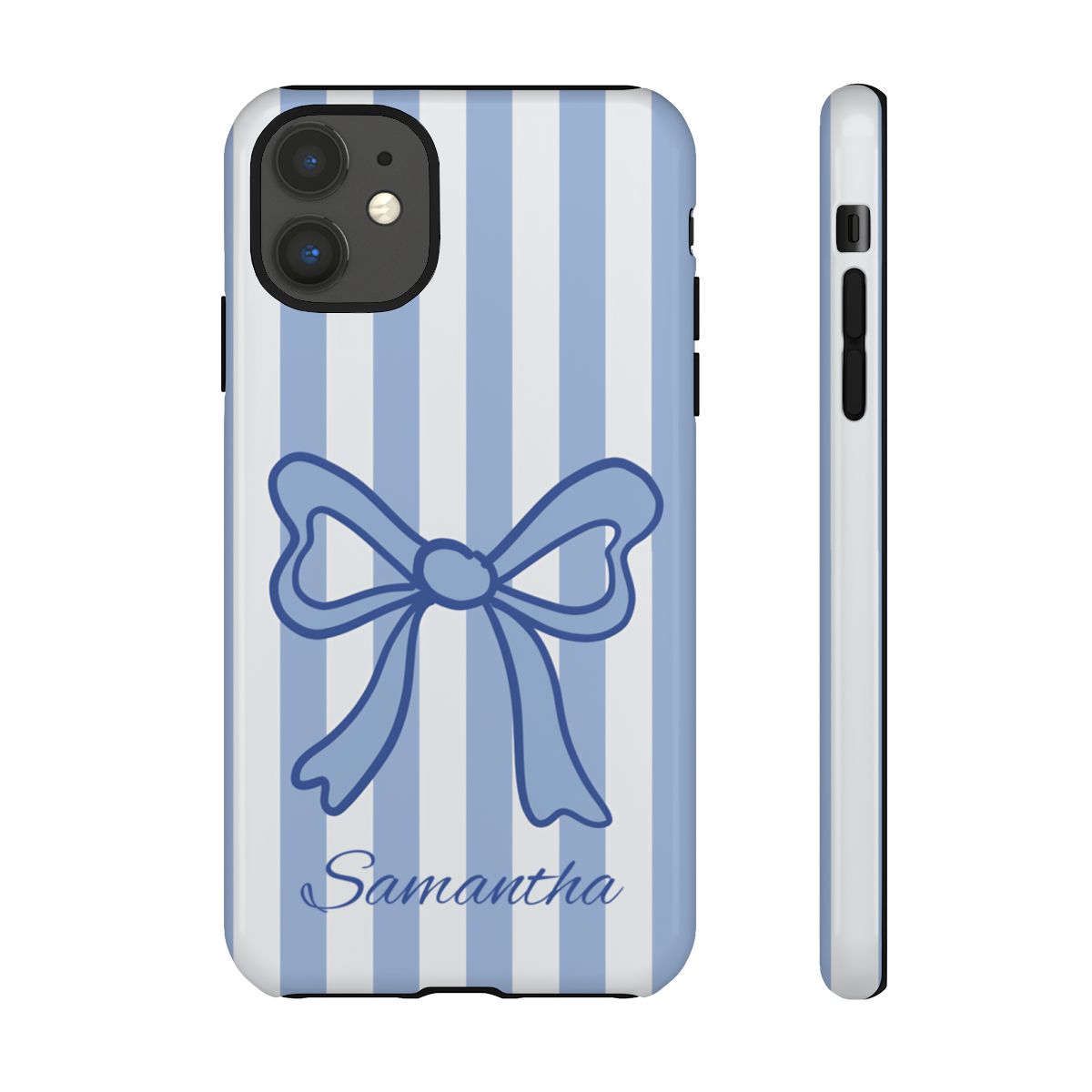 Personalized Coquette Bow Phone Case – Blue Striped Preppy Ribbon Aesthetic