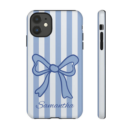 Personalized Coquette Bow Phone Case – Blue Striped Preppy Ribbon Aesthetic