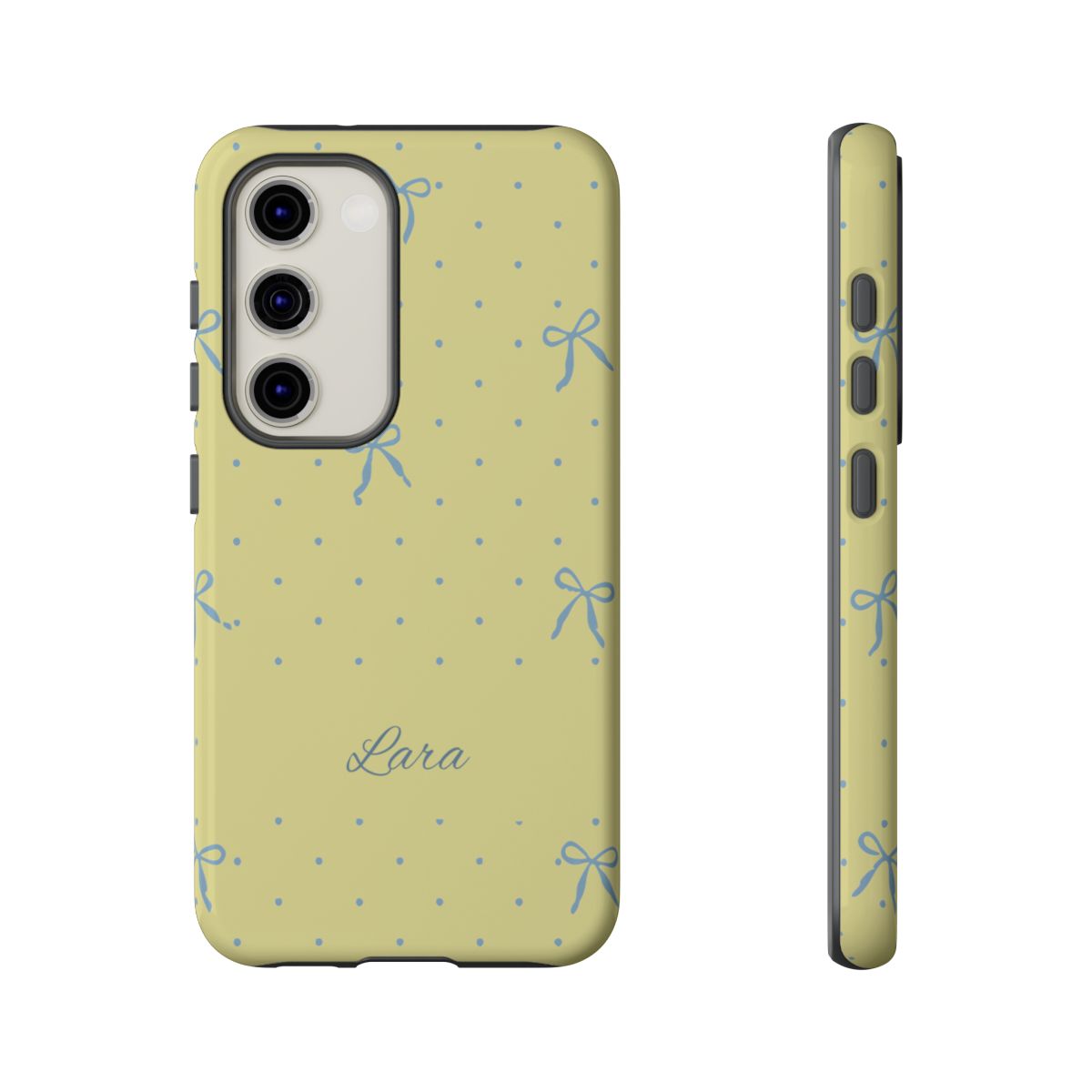 Personalized Yellow Bow Phone Case – Custom Name Blue Polka Dot Aesthetic