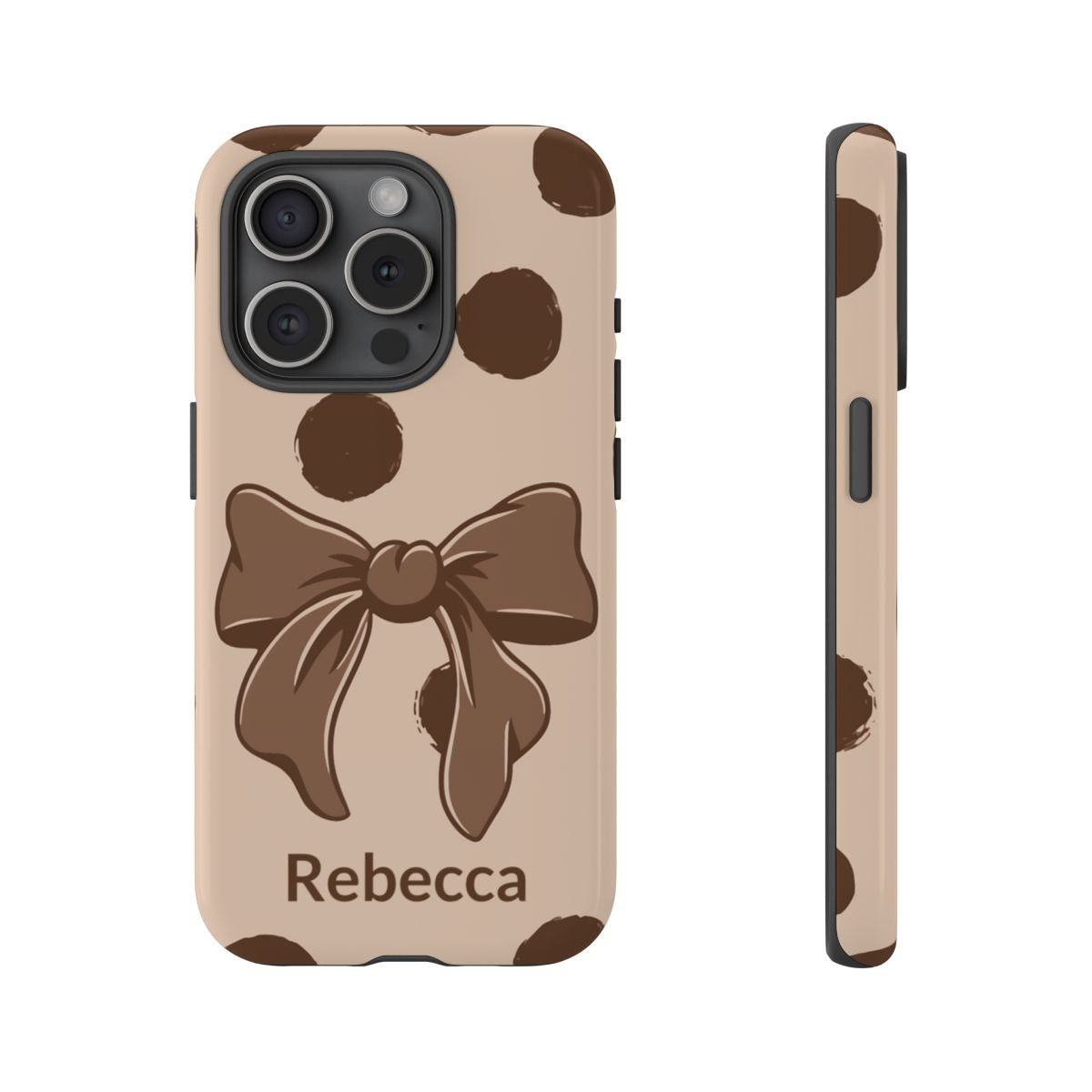 Personalized Brown Polka Dot Bow Phone Case – Custom Name Coquette Retro Aesthetic