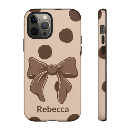 Personalized Brown Polka Dot Bow Phone Case – Custom Name Coquette Retro Aesthetic