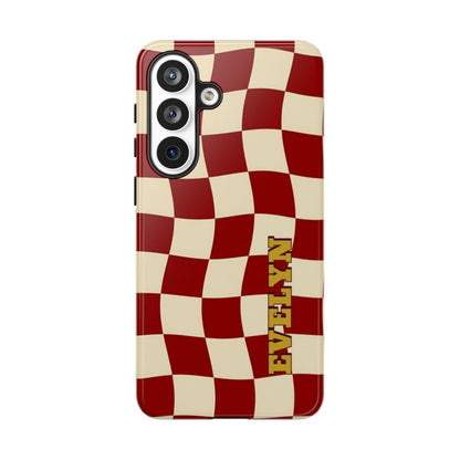 Personalized Burgundy Checkered Phone Case – Custom Name Wavy Retro Aesthetic