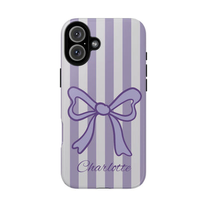 Personalized Lavender Bow Phone Case – Purple Striped Coquette Ribbon Aesthetic