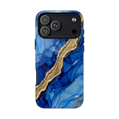 Blue gold marble phone case with sapphire geode swirl design – luxury agate aesthetic for iPhone and Samsung