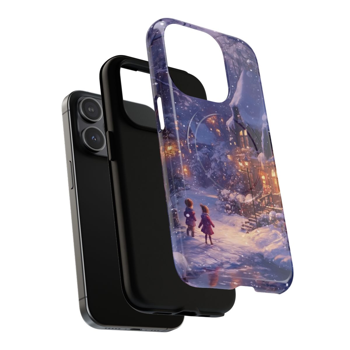 Aesthetic winter wonderland phone case showing a peaceful evening snow scene in a nostalgic art style.