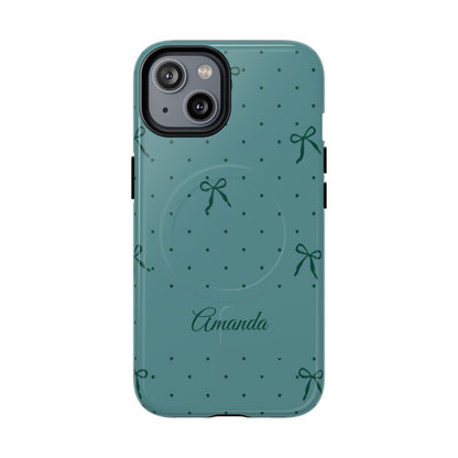 Personalized Teal Bow Phone Case – Custom Name Coquette Polka Dot Aesthetic
