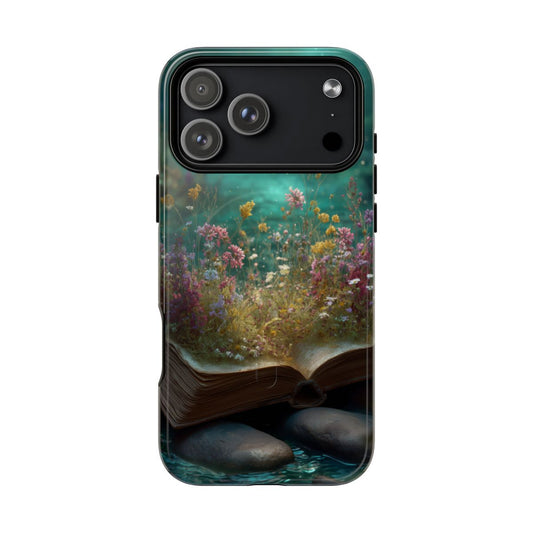 Phone case featuring an open vintage book with colorful wildflowers growing out of the pages.