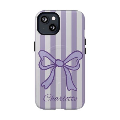 Personalized Lavender Bow Phone Case – Purple Striped Coquette Ribbon Aesthetic