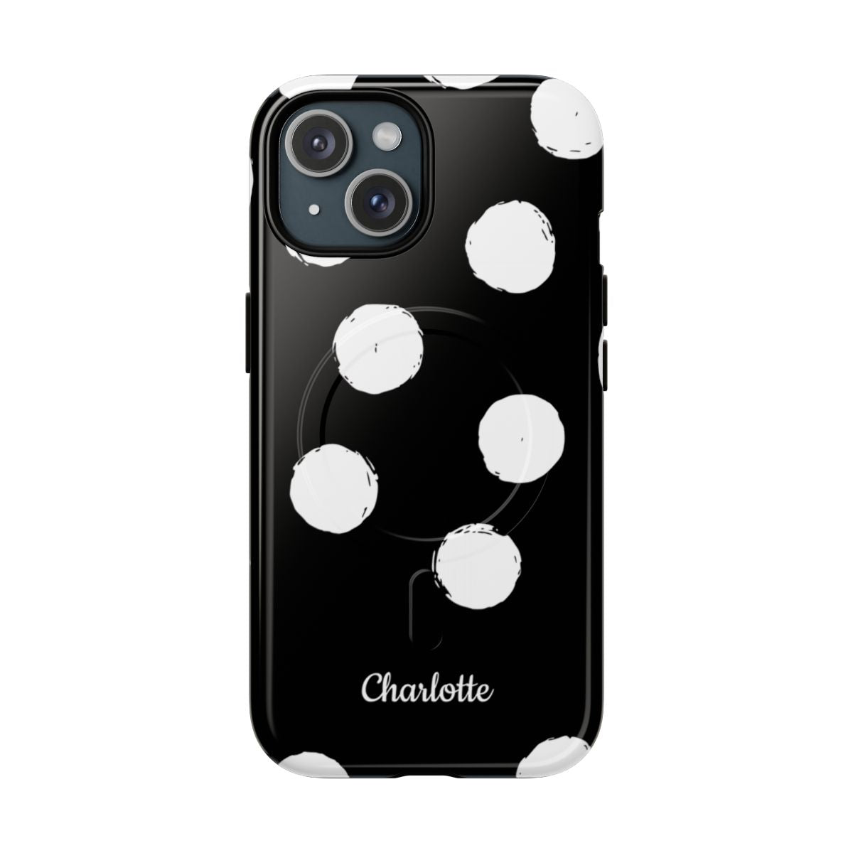 Personalized Black Polka Dot Phone Case – Custom Name Bold Monochrome Aesthetic