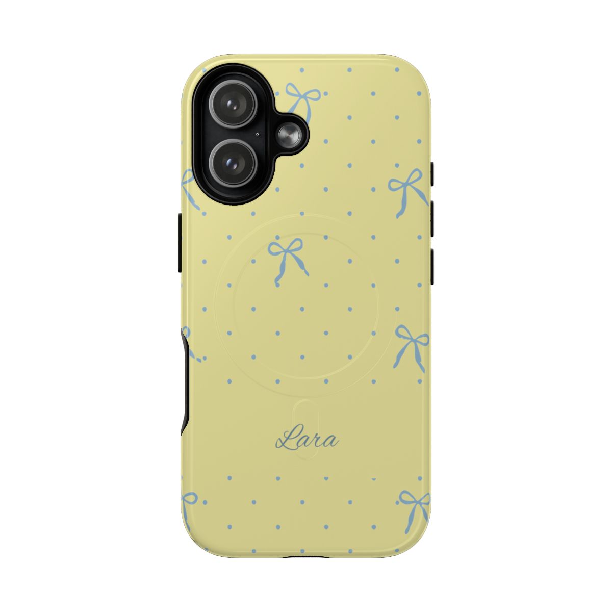 Personalized Yellow Bow Phone Case – Custom Name Blue Polka Dot Aesthetic