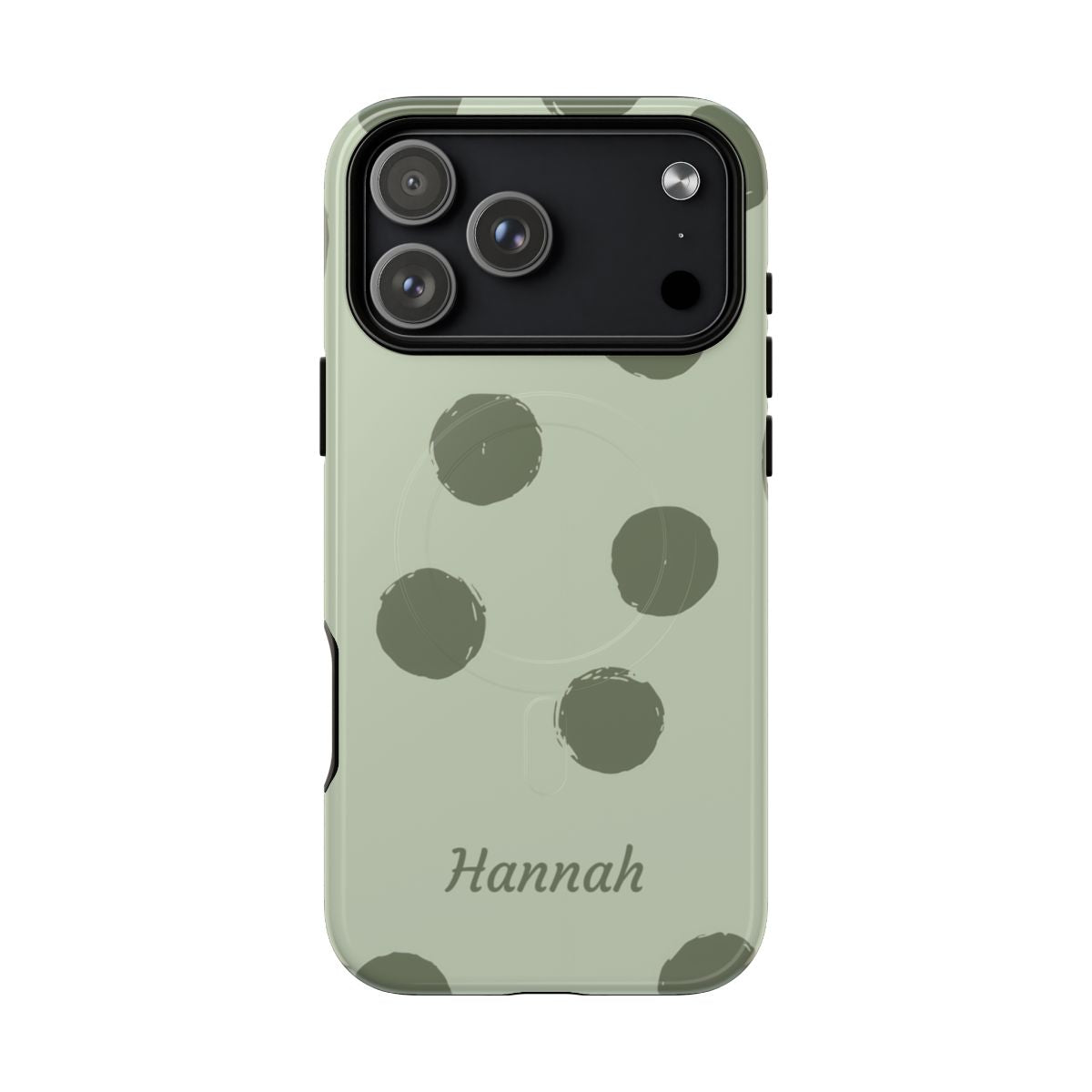 Personalized Sage Green Polka Dot Phone Case – Custom Name Matcha Aesthetic
