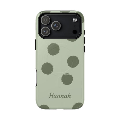 Personalized Sage Green Polka Dot Phone Case – Custom Name Matcha Aesthetic