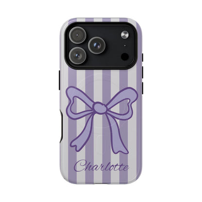 Personalized Lavender Bow Phone Case – Purple Striped Coquette Ribbon Aesthetic