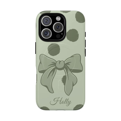 Personalized Sage Green Polka Dot Bow Phone Case – Custom Name Coquette Aesthetic