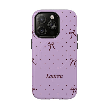 Personalized Lavender Bow Phone Case – Custom Name Polka Dot Coquette Aesthetic
