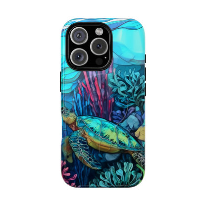 Stained Glass Turtle Phone Case – Coastal Blue Ocean Mosaic Aesthetic