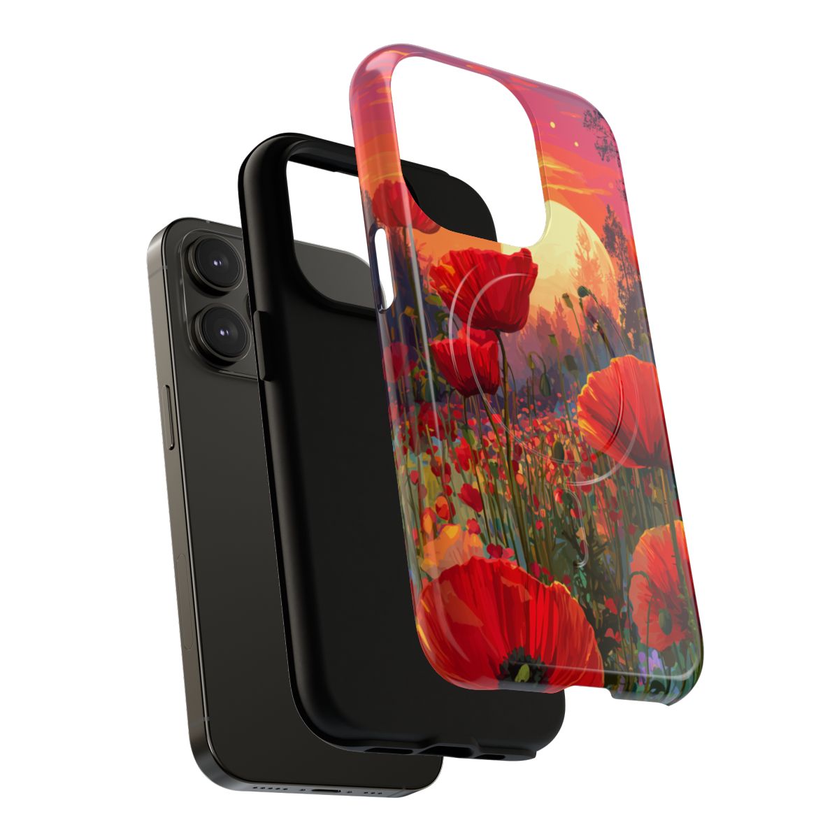 Aesthetic floral phone case with bold red poppy blooms and a warm orange and yellow sunset sky.