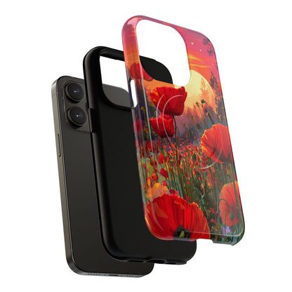 Aesthetic floral phone case with bold red poppy blooms and a warm orange and yellow sunset sky.