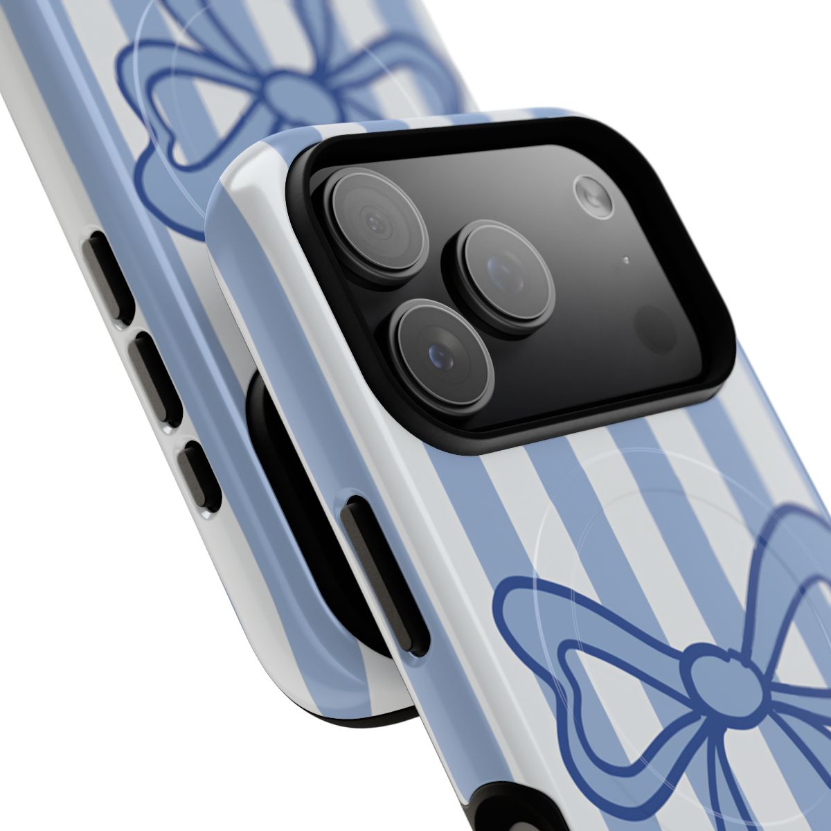 Preppy light blue and white striped phone cover with a large hand-drawn ribbon aesthetic.
