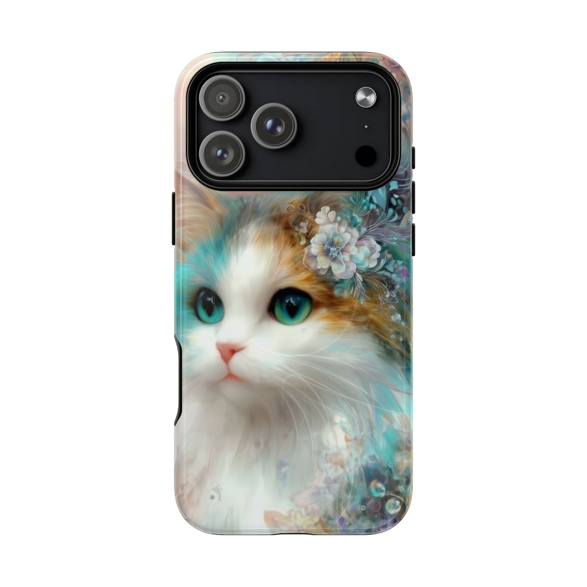 Phone case featuring a beautiful fluffy white cat with bright green eyes and floral headpiece.