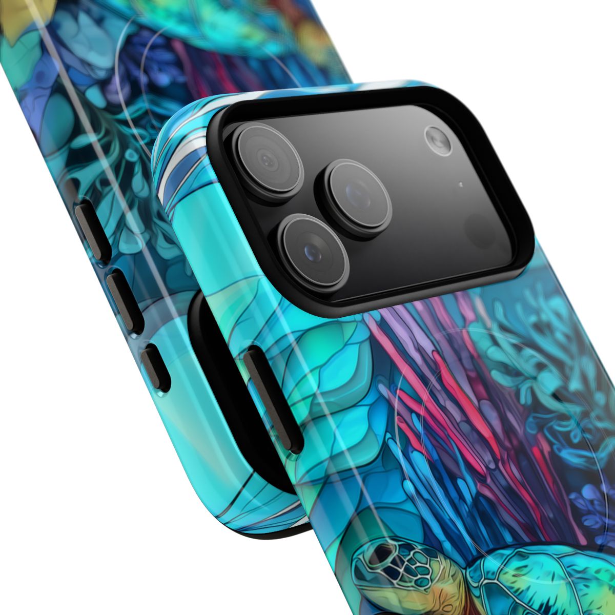 Artistic ocean-themed phone cover featuring a colorful sea turtle swimming in a coral reef.
